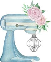 misturador planetário de pastelaria azul aquarela com um batedor e com flores e hortaliças. ilustração de padaria para convite, pastelaria, menu, logotipos vetor