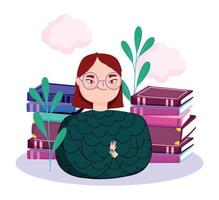 dia do livro, retrato de menina adolescente com livros e plantas vetor