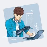 conceito ultramoderno. menino confiante olhando para algo em seu laptop por ilustração vetorial de braço protético biônico download grátis vetor