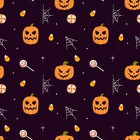 padrão de halloween sem costura de vetor com abóbora, doces, teia de aranha isolada no fundo roxo. perfeito para tecido, embrulho, têxtil, papel de parede, roupas, cartões de felicitações. fundo de dia das bruxas