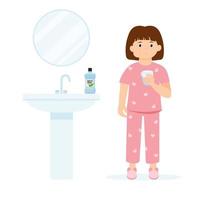 menina de pijama gargareja usando enxaguante bucal de um copo. higiene bucal diária vetor