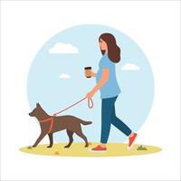 mulher grávida andando com seu cachorro. hábitos saudáveis e lifestyle.happy gravidez. esporte para grávidas. ilustração em vetor plana dos desenhos animados