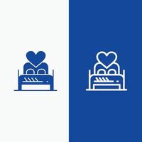 cama amor amante casal dia dos namorados noite quarto linha e glifo ícone sólido linha de banner azul e glifo soli vetor