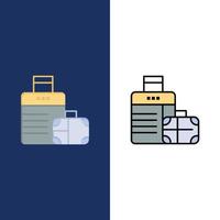 bolsa de bagagem bolsa ícones do hotel plano e linha cheia conjunto de ícones vector fundo azul
