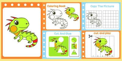 pacote de planilhas para crianças com vetor de iguana. livro de estudo infantil