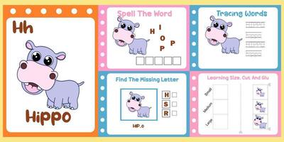 pacote de planilhas para crianças com vetor de hipopótamo. livro de estudo infantil