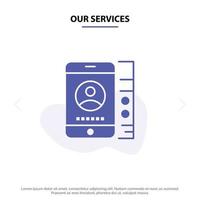 nossos serviços modelo de cartão web de ícone de glifo sólido de telefone celular de serviço móvel vetor
