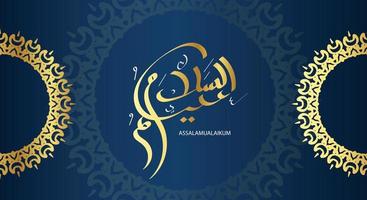 caligrafia árabe assalamualaikum com cor dourada e fundo clássico azul, traduzido como, que a paz, a misericórdia e as bênçãos de Deus estejam sobre você vetor