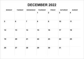 calendário dezembro 2022 início na segunda-feira vetor