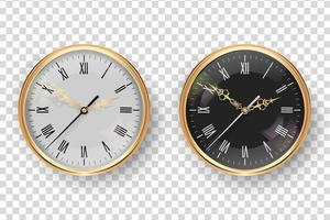 vetor 3d realista clássico metal dourado parede escritório ícone de relógio conjunto closeup. mostrador branco e preto com numeral romano. modelo de design para maquete. vista frontal.