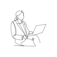 ilustração vetorial de uma mulher trabalhando em um laptop desenhado em estilo de linha de arte vetor