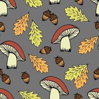 cogumelos, folhas de carvalho amarelo, bolota em um fundo cinza. para estampas de tecido, têxteis de cozinha, designs sazonais de outono. plantas florestais, colheita. padrão de vetor sem emenda.
