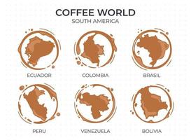 coleção de manchas redondas de xícara de café em forma de países de origem de café, produtores e exportadores da américa do sul vetor