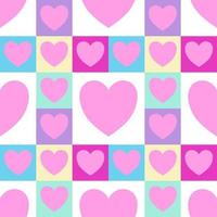 coração rosa no padrão sem emenda de vetor de fundo quadrado geométrico colorido, elemento para decorar cartão de dia dos namorados, impressão têxtil de tecido liso tartan de flanela, papel de parede e embrulho de papel