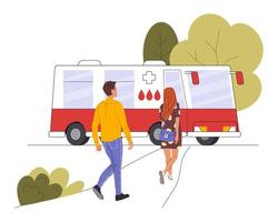 as pessoas doadoras vão para o ônibus móvel de doação de sangue. conceito de trabalho de caridade e alívio. ilustração em vetor plana colorida dos desenhos animados isolada no fundo branco