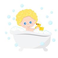 bebê tomando banho brincando com bolhas de espuma e pato de borracha amarelo. vetor