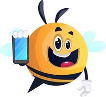 abelha usando um smartphone, ilustração, vetor em fundo branco.