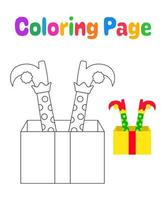 página para colorir com pés de elfo com caixa de presente para crianças vetor
