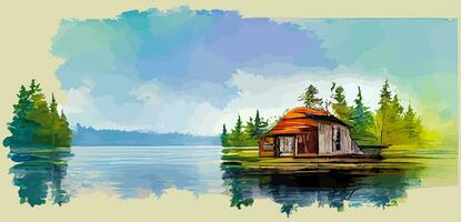 gráfico de ilustração vetorial da casa do lago no estilo de pintura em aquarela bom para impressão em cartão postal, pôster ou plano de fundo vetor