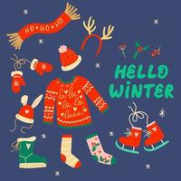 conjunto de design de roupas quentes de inverno. Olá sinal de inverno. tricô e inverno moda natalina, chapéu de inverno, meias, luva, bota, chifres de veado, patins, cachecol, chapéu com orelhas de coelho. vetor