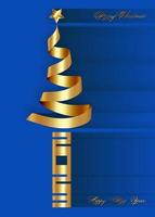 árvore de natal feliz e cartão de saudação de ano novo de 2023 com árvore de natal e estrela de fita de ouro brilhante estilizada, espaço de cópia. ilustração vetorial isolada em fundo azul vetor