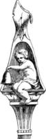 escultura representa uma criança tocando um sino, gravura vintage. vetor