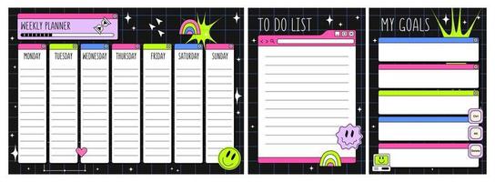 planejador semanal e lista de tarefas no estilo y2k. modelo de design de cronograma de retrowave para crianças vetor