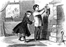 crianças pendurando sapatos, ilustração vintage.