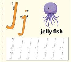 letra J traçando planilha do alfabeto com medusas vetor