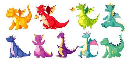 diferentes cores de dragões em estilo cartoon vetor