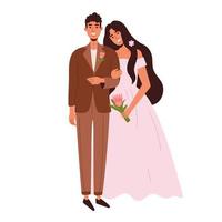 amantes com flores no casamento. uma garota de vestido rosa e um homem de terno estão felizes e se casando. a cerimônia de casamento vetor