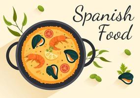 restaurante de menu de cozinha de comida espanhola com várias receitas de pratos tradicionais na ilustração de modelos desenhados à mão de desenhos animados planos vetor