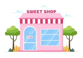 loja de doces que vende vários produtos de panificação, cupcake, bolo, pastelaria ou doces na ilustração de modelos desenhados à mão estilo cartoon plana vetor