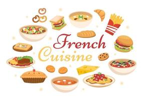 restaurante de cozinha francesa com vários pratos de comida tradicional ou nacional da frança na ilustração de modelos desenhados à mão dos desenhos animados de estilo plano vetor