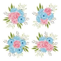 conjunto de arranjo de flores rosa aquarela azul e rosa vetor