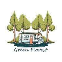 floresta verde com ilustração de ônibus de acampamento vetor