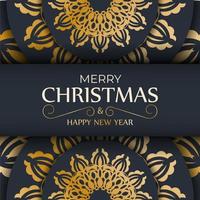 brochura de feliz ano novo azul escuro com ornamentos de ouro de luxo vetor
