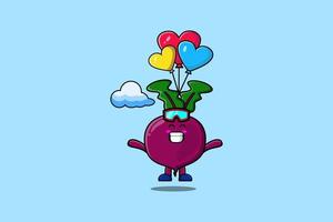 mascote de beterraba dos desenhos animados está saltando de paraquedas com balão vetor
