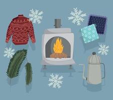 ícones de inverno conjunto camisola, fogão a lenha, chaleira de almofada e decoração de flocos de neve vetor