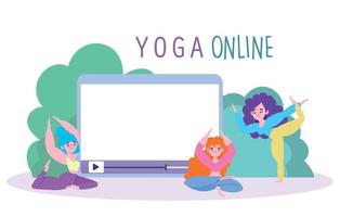 ioga online, personagens de mulheres em grupo com tablet praticando desenho de treinamento de meditação de ioga vetor