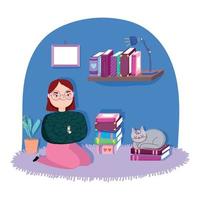 dia do livro, adolescente com gato e livros no quarto vetor