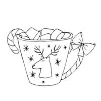 caneca desenhada de mão com doces e marshmallows. ilustração de esboço de doodle de natal aconchegante. vetor