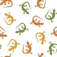 padrão sem emenda de tokay gekko de cores diferentes. repetindo o padrão de lagartos gekko desenhados à mão. fundo de elementos verdes, amarelos e laranja vetor
