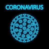 sinal de néon digital científico médico azul brilhante para farmácia de laboratório hospitalar linda com vírus pandêmico de coronavírus em fundo preto. ilustração vetorial vetor