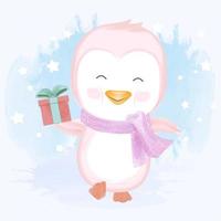 pequeno pinguim rosa carregando uma caixa de presente vetor