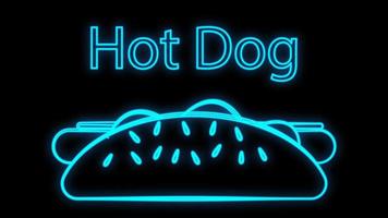 cachorro-quente em um fundo preto, neon, ilustração vetorial. sanduíche de salsicha, pão recheado e apetitoso. neon com a inscrição cachorro-quente em azul. placa brilhante para café, restaurante vetor