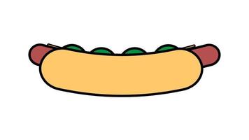 cachorro-quente em fundo branco, ilustração vetorial. pão com salsicha, ketchup, mostarda, recheio farto, lanche pouco saudável. sanduíche de caminhão de comida. comida para o almoço, almoço saudável de alto teor calórico vetor