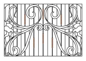 portão de ferro forjado e portão de metal fence.black com ornamentos forjados em uma entrada de mansão de vetor de aço background.decorated branco. objeto de arquitetura vintage antigo, grelha vitoriana preta de fachada.