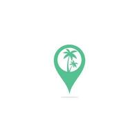 praia tropical e design de logotipo de palmeira. Palm tree map pin forma conceito design de logotipo de vetor. logotipo da praia vetor