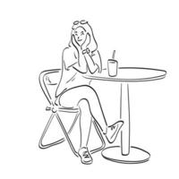 mulher de arte de linha sentada na cafeteria com ilustração vetorial de café para viagem desenhada à mão isolada no fundo branco vetor